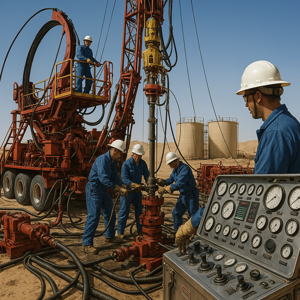 A detailed and realistic oilfield workover operation scene featuring a workover rig with sophisticat